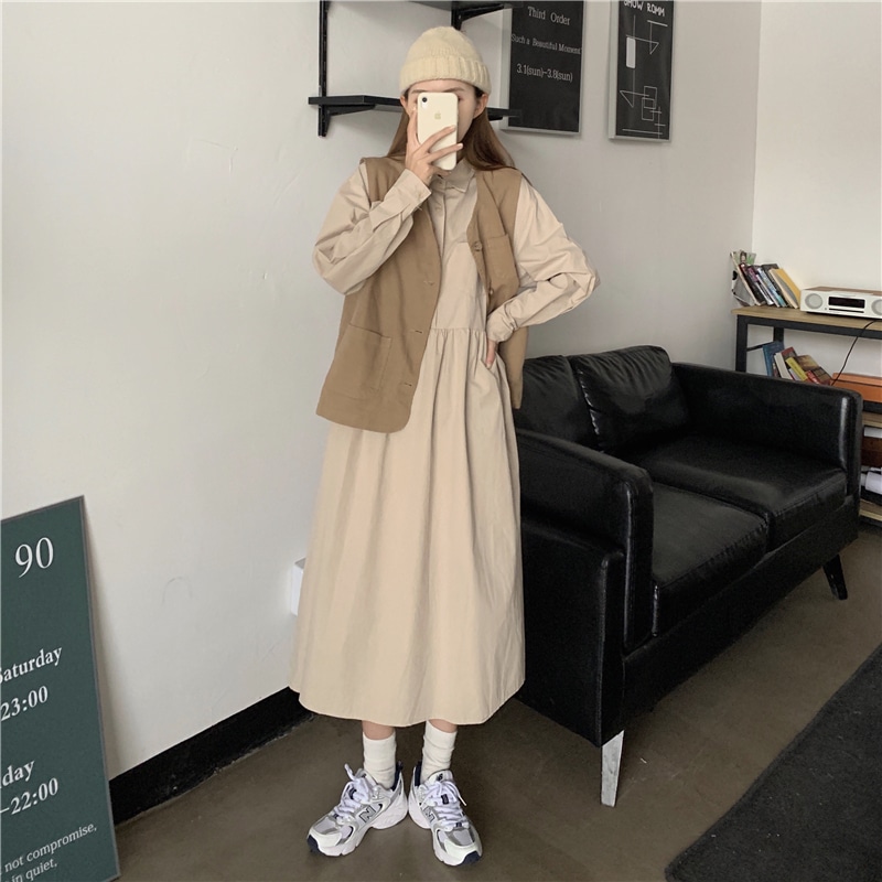 2点セット レディース ベスト ジレ シャツワンピース 韓国 ロングワンピース ロング ロング丈 長袖 襟付き ワイド ポケット かわいい 大人可愛い きれいめ シンプル カジュアル シック おしゃれ