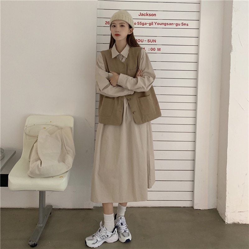 2点セット レディース ベスト ジレ シャツワンピース 韓国 ロングワンピース ロング ロング丈 長袖 襟付き ワイド ポケット かわいい 大人可愛い きれいめ シンプル カジュアル シック おしゃれ