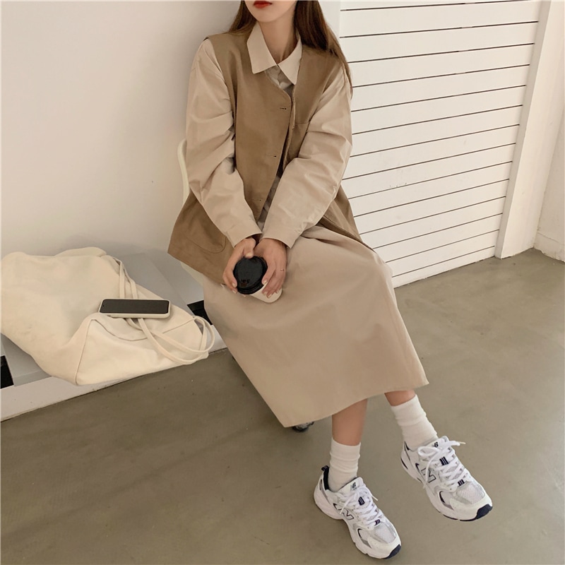 2点セット レディース ベスト ジレ シャツワンピース 韓国 ロングワンピース ロング ロング丈 長袖 襟付き ワイド ポケット かわいい 大人可愛い きれいめ シンプル カジュアル シック おしゃれ