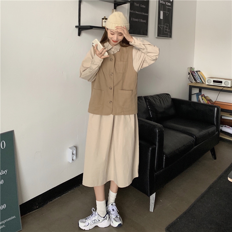 2点セット レディース ベスト ジレ シャツワンピース 韓国 ロングワンピース ロング ロング丈 長袖 襟付き ワイド ポケット かわいい 大人可愛い きれいめ シンプル カジュアル シック おしゃれ