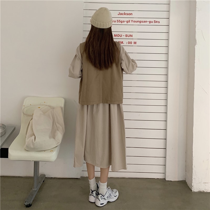 2点セット レディース ベスト ジレ シャツワンピース 韓国 ロングワンピース ロング ロング丈 長袖 襟付き ワイド ポケット かわいい 大人可愛い きれいめ シンプル カジュアル シック おしゃれ