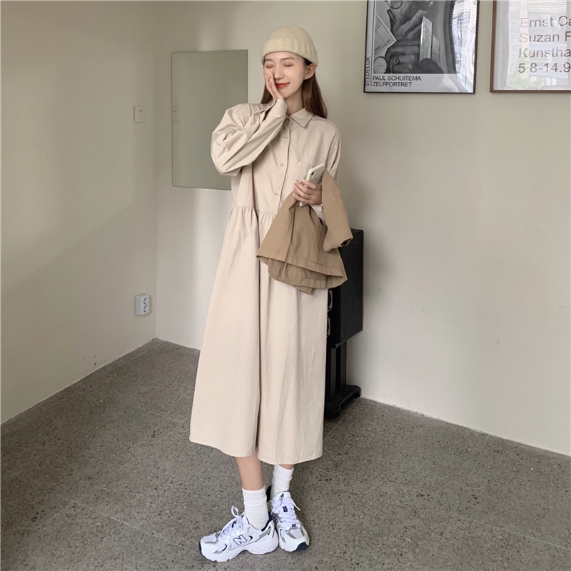 2点セット レディース ベスト ジレ シャツワンピース 韓国 ロングワンピース ロング ロング丈 長袖 襟付き ワイド ポケット かわいい 大人可愛い きれいめ シンプル カジュアル シック おしゃれ