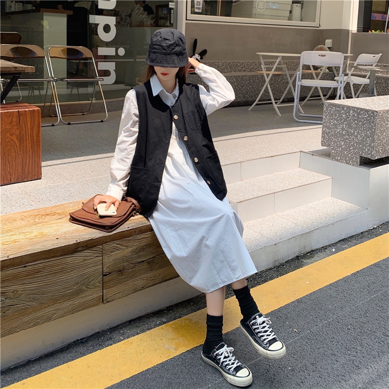 2点セット レディース ベスト ジレ シャツワンピース 韓国 ロングワンピース ロング ロング丈 長袖 襟付き ワイド ポケット かわいい 大人可愛い きれいめ シンプル カジュアル シック おしゃれ