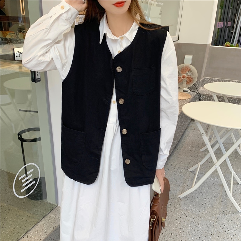 2点セット レディース ベスト ジレ シャツワンピース 韓国 ロングワンピース ロング ロング丈 長袖 襟付き ワイド ポケット かわいい 大人可愛い きれいめ シンプル カジュアル シック おしゃれ