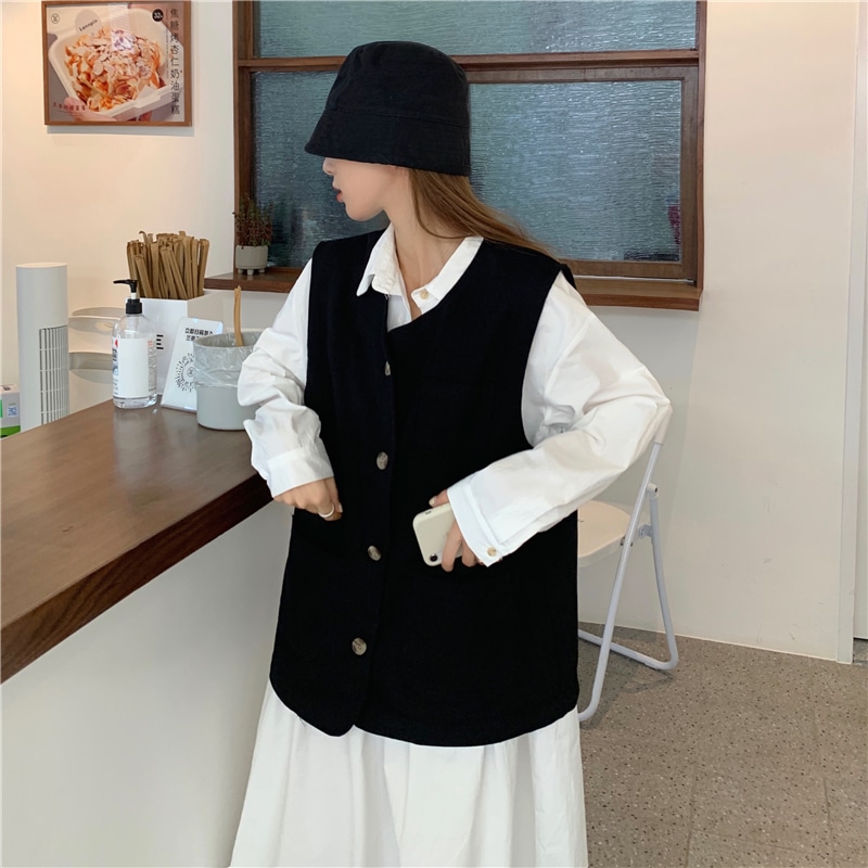 2点セット レディース ベスト ジレ シャツワンピース 韓国 ロングワンピース ロング ロング丈 長袖 襟付き ワイド ポケット かわいい 大人可愛い きれいめ シンプル カジュアル シック おしゃれ