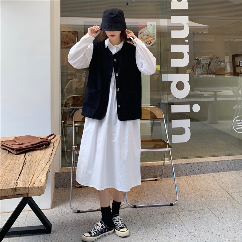 2点セット レディース ベスト ジレ シャツワンピース 韓国 ロングワンピース ロング ロング丈 長袖 襟付き ワイド ポケット かわいい 大人可愛い きれいめ シンプル カジュアル シック おしゃれ