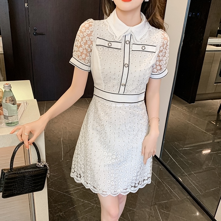 ワンピース レディース フレア 総レース S M L XL 韓国 バイピング バイカラー 透け感 ミディアム丈 膝下丈 ミモレ丈 半袖 パフスリーブ 前開き ボタン 襟付き 襟あり 清楚 かわいい