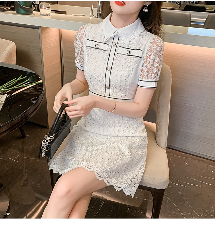 ワンピース レディース フレア 総レース S M L XL 韓国 バイピング バイカラー 透け感 ミディアム丈 膝下丈 ミモレ丈 半袖 パフスリーブ 前開き ボタン 襟付き 襟あり 清楚 かわいい