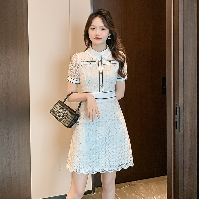 ワンピース レディース フレア 総レース S M L XL 韓国 バイピング バイカラー 透け感 ミディアム丈 膝下丈 ミモレ丈 半袖 パフスリーブ 前開き ボタン 襟付き 襟あり 清楚 かわいい