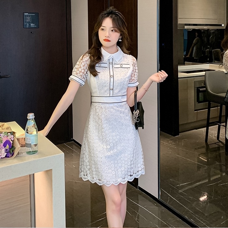 ワンピース レディース フレア 総レース S M L XL 韓国 バイピング バイカラー 透け感 ミディアム丈 膝下丈 ミモレ丈 半袖 パフスリーブ 前開き ボタン 襟付き 襟あり 清楚 かわいい