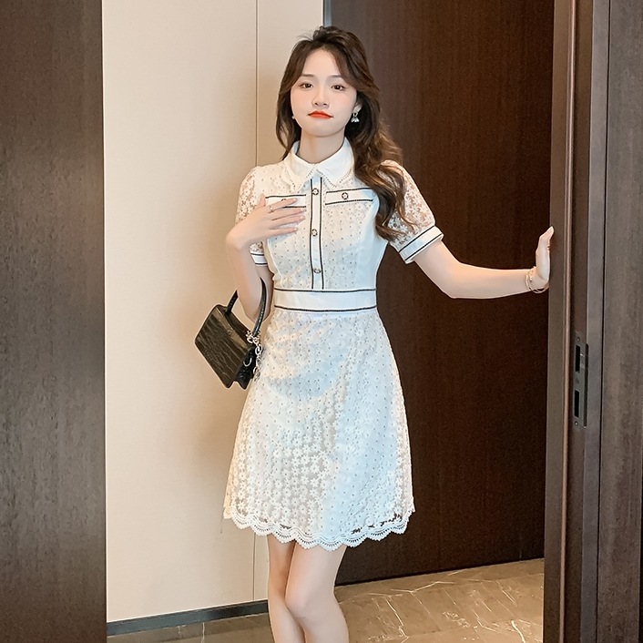 ワンピース レディース フレア 総レース S M L XL 韓国 バイピング バイカラー 透け感 ミディアム丈 膝下丈 ミモレ丈 半袖 パフスリーブ 前開き ボタン 襟付き 襟あり 清楚 かわいい