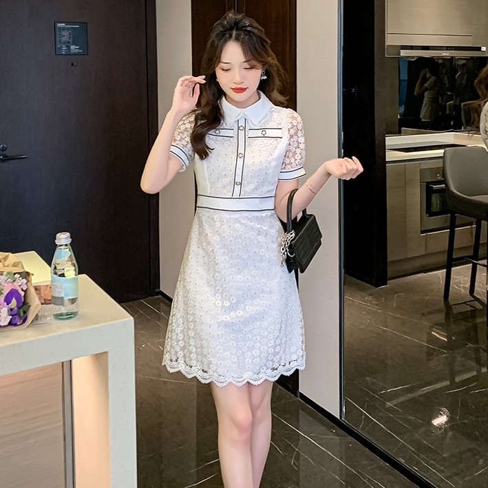 ワンピース レディース フレア 総レース S M L XL 韓国 バイピング バイカラー 透け感 ミディアム丈 膝下丈 ミモレ丈 半袖 パフスリーブ 前開き ボタン 襟付き 襟あり 清楚 かわいい