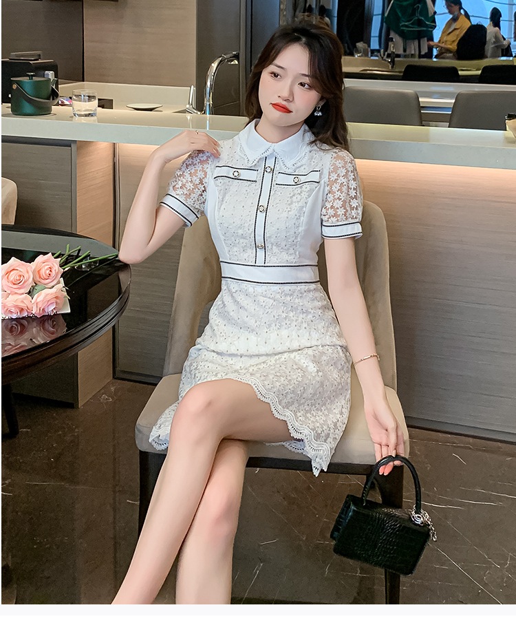 ワンピース レディース フレア 総レース S M L XL 韓国 バイピング バイカラー 透け感 ミディアム丈 膝下丈 ミモレ丈 半袖 パフスリーブ 前開き ボタン 襟付き 襟あり 清楚 かわいい