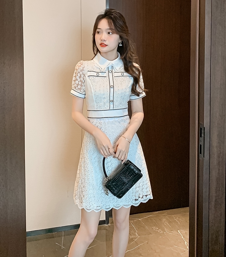 ワンピース レディース フレア 総レース S M L XL 韓国 バイピング バイカラー 透け感 ミディアム丈 膝下丈 ミモレ丈 半袖 パフスリーブ 前開き ボタン 襟付き 襟あり 清楚 かわいい