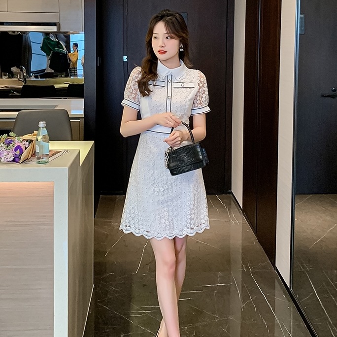 ワンピース レディース フレア 総レース S M L XL 韓国 バイピング バイカラー 透け感 ミディアム丈 膝下丈 ミモレ丈 半袖 パフスリーブ 前開き ボタン 襟付き 襟あり 清楚 かわいい