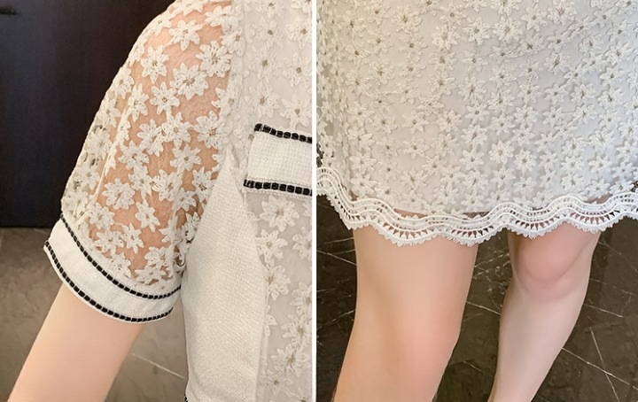 ワンピース レディース フレア 総レース S M L XL 韓国 バイピング バイカラー 透け感 ミディアム丈 膝下丈 ミモレ丈 半袖 パフスリーブ 前開き ボタン 襟付き 襟あり 清楚 かわいい