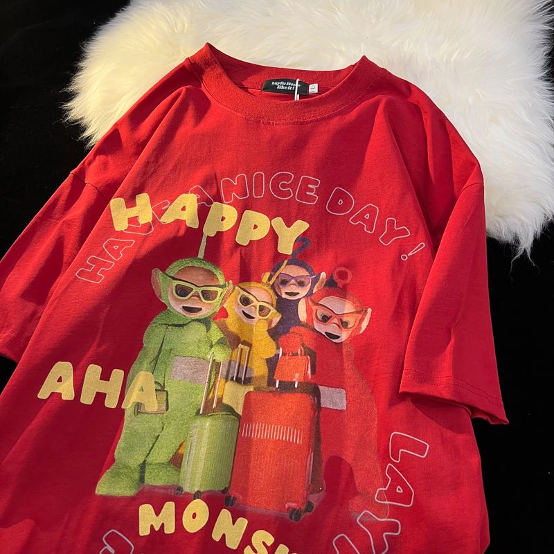 【2個買うと1個無料】アメリカンレトロテレタビーズ漫画アニメーションプリントカップルウェア学生トップスルーズインピュアコットン半袖 T シャツ 【2個買うと1個無料】アメリカンレトロテレタビーズ漫画アニメーションプリントカップルウェア学生トップスルーズインピュアコットン半袖 T シャツ