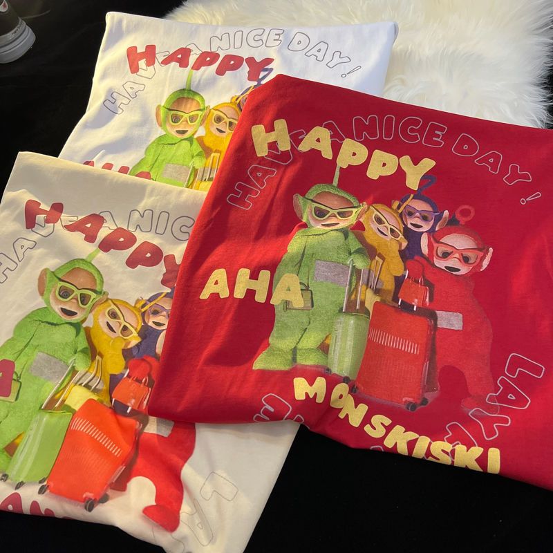 【2個買うと1個無料】アメリカンレトロテレタビーズ漫画アニメーションプリントカップルウェア学生トップスルーズインピュアコットン半袖 T シャツ 【2個買うと1個無料】アメリカンレトロテレタビーズ漫画アニメーションプリントカップルウェア学生トップスルーズインピュアコットン半袖 T シャツ