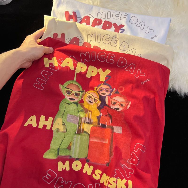 【2個買うと1個無料】アメリカンレトロテレタビーズ漫画アニメーションプリントカップルウェア学生トップスルーズインピュアコットン半袖 T シャツ 【2個買うと1個無料】アメリカンレトロテレタビーズ漫画アニメーションプリントカップルウェア学生トップスルーズインピュアコットン半袖 T シャツ