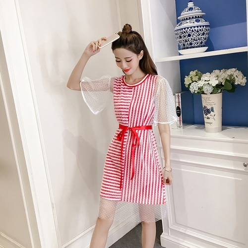 1379 . ストライプシースルーミニワンピース(レッド)2019 春夏 sale カジュアル 女子会 ランチ 通学 普段使い 1379 . ストライプシースルーミニワンピース(レッド)2019 春夏 sale カジュアル 女子会 ランチ 通学 普段使い