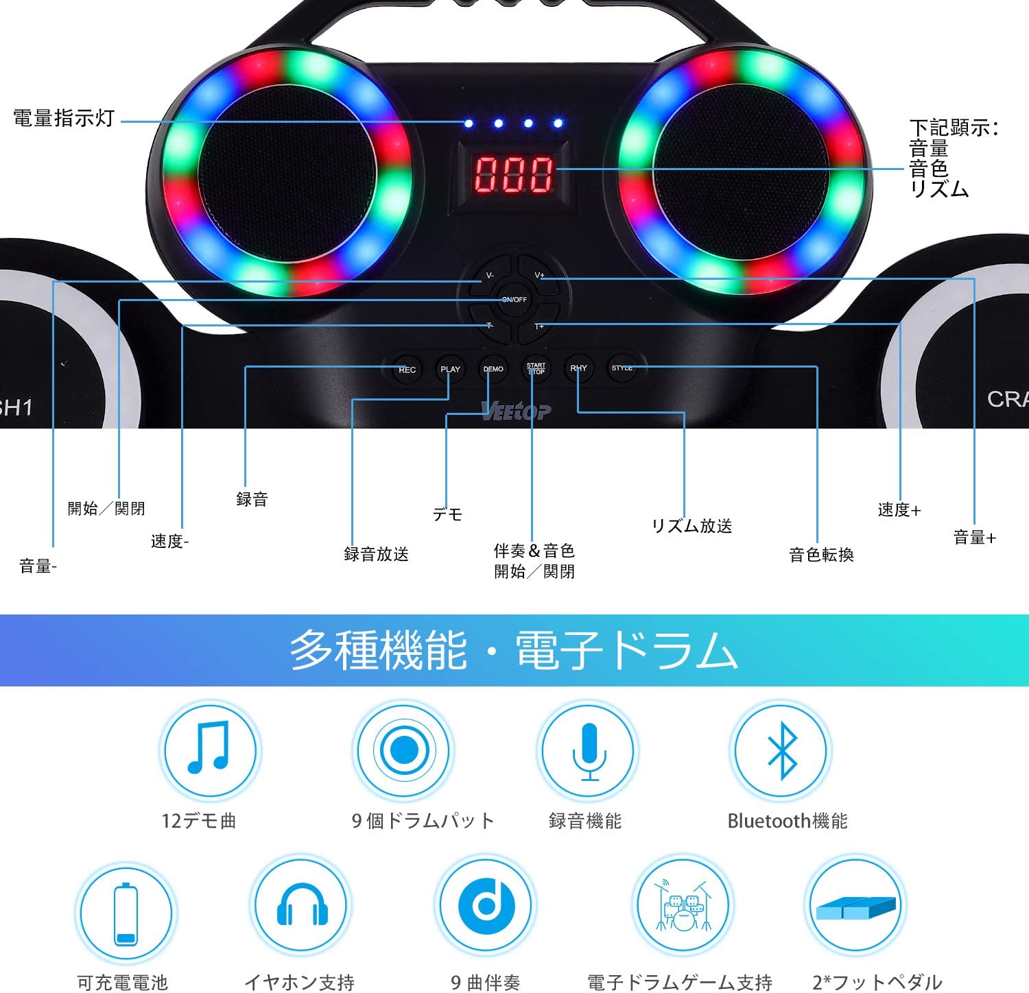 電子ドラム ポータブルドラム ドラムパッド 初心者 楽器 軽さ MIDI対応 12デモ曲 9リズム 7音色 フットペダル 入門 子供 生徒 ポータブルドラム USBPhones外部音源入力可能