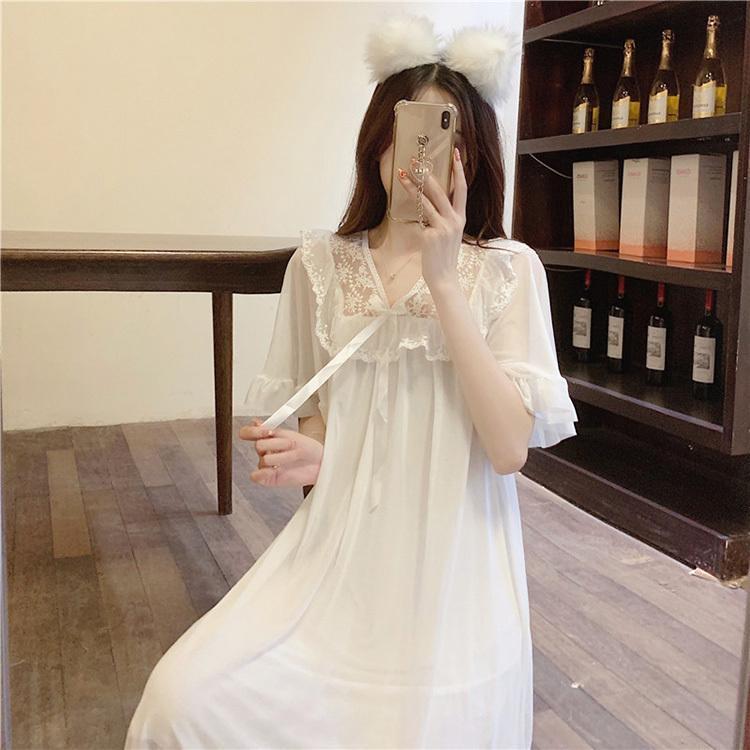 セクシー レディース ロングネグリジェ 部屋着 mc急速出荷ネグリジェ ナイトロープ ゆったり 白レース 寝巻き 可愛い半袖ワンピース パジャマ お姫 ウェア