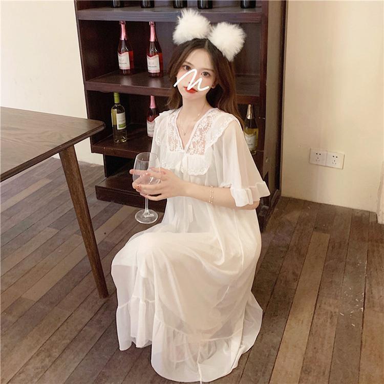 セクシー レディース ロングネグリジェ 部屋着 mc急速出荷ネグリジェ ナイトロープ ゆったり 白レース 寝巻き 可愛い半袖ワンピース パジャマ お姫 ウェア