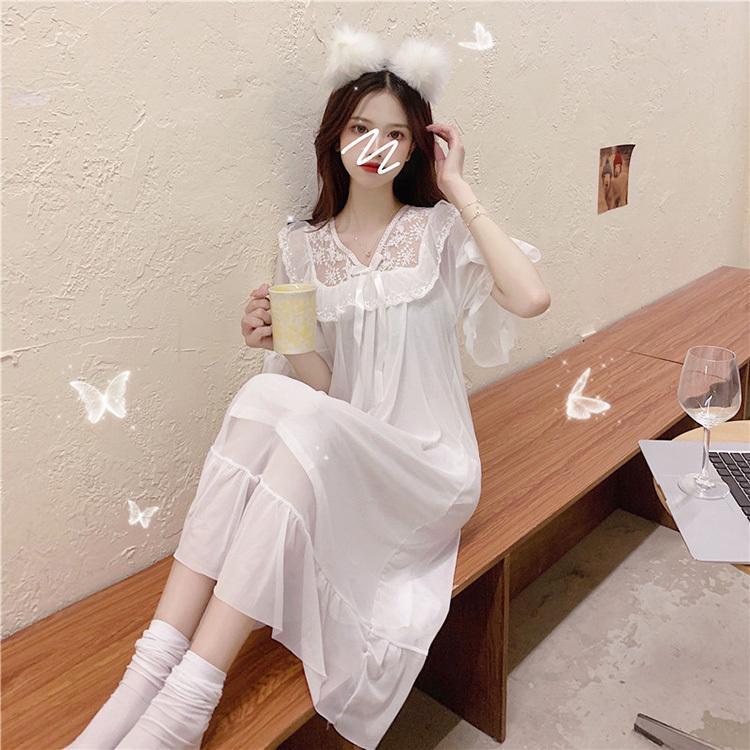 セクシー レディース ロングネグリジェ 部屋着 mc急速出荷ネグリジェ ナイトロープ ゆったり 白レース 寝巻き 可愛い半袖ワンピース パジャマ お姫 ウェア