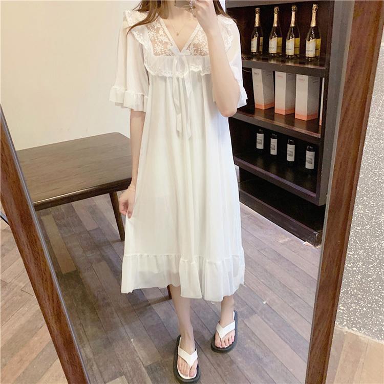 セクシー レディース ロングネグリジェ 部屋着 mc急速出荷ネグリジェ ナイトロープ ゆったり 白レース 寝巻き 可愛い半袖ワンピース パジャマ お姫 ウェア