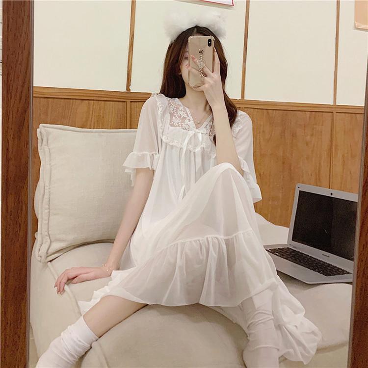 セクシー レディース ロングネグリジェ 部屋着 mc急速出荷ネグリジェ ナイトロープ ゆったり 白レース 寝巻き 可愛い半袖ワンピース パジャマ お姫 ウェア