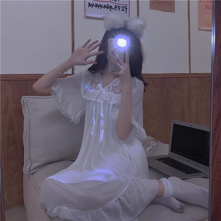 セクシー レディース ロングネグリジェ 部屋着 mc急速出荷ネグリジェ ナイトロープ ゆったり 白レース 寝巻き 可愛い半袖ワンピース パジャマ お姫 ウェア