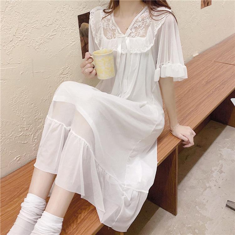 セクシー レディース ロングネグリジェ 部屋着 mc急速出荷ネグリジェ ナイトロープ ゆったり 白レース 寝巻き 可愛い半袖ワンピース パジャマ お姫 ウェア