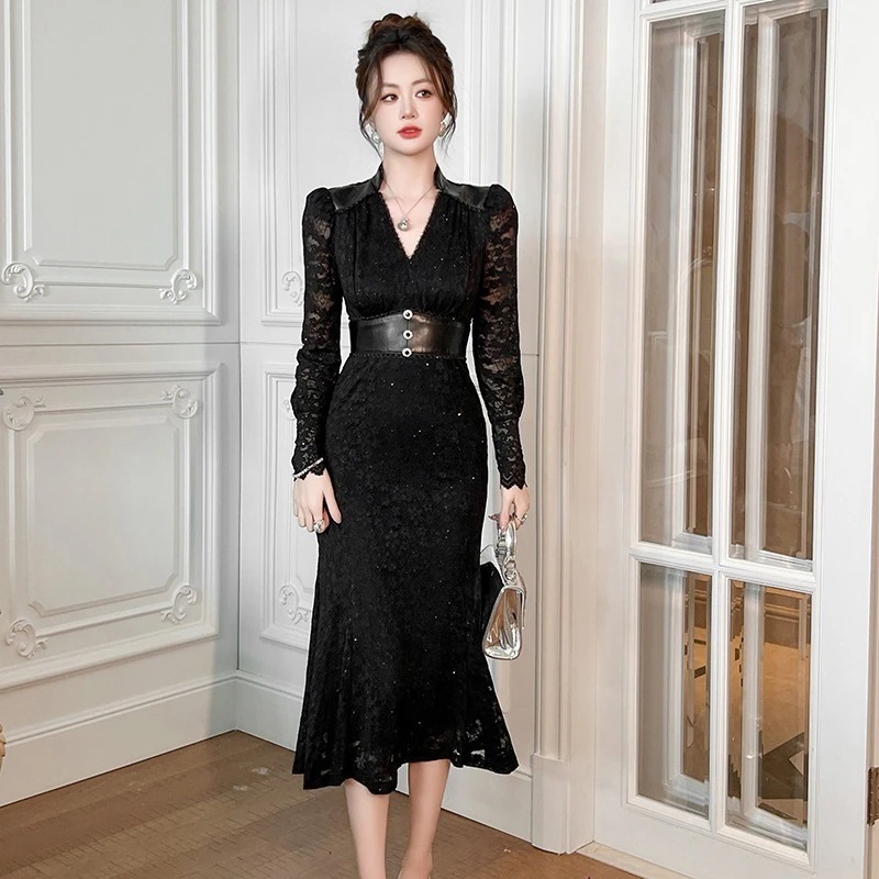 2024新品 大人 レース PUレザー ドッキング ワンピース ドレス パーティー キャバ 大人 同窓会 披露宴 卒業式 結婚式 演奏会 ウェディング 二次会 メガ割