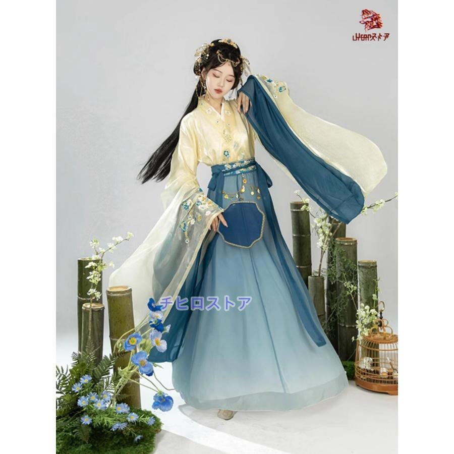 【激安販売】レディース 中華コスプレ衣装 華やか3点セット 振袖 交差襟 色違いブラウス2枚+巻きスカート 光沢感 花刺繍 中国古代 皇后 貴妃 コスプレ 仮装 変装 ウエストチ 【激安販売】レディース 中華コスプレ衣装 華やか3点セット 振袖 交差襟 色違いブラウス2枚+巻きスカート 光沢感 花刺繍 中国古代 皇后 貴妃 コスプレ 仮装 変装 ウエストチ