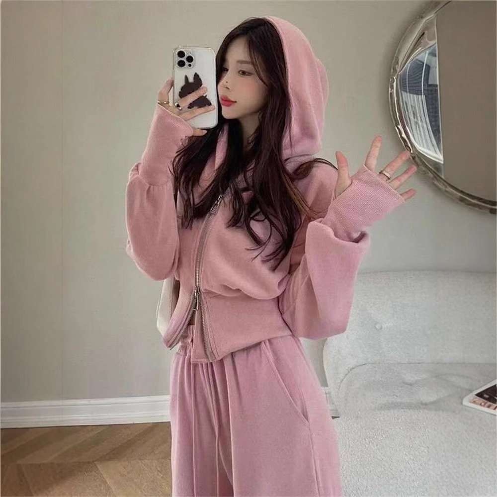 スポーツセット女性2025年秋新作韓国風ゆったりネット人気カジュアルフーディジッパー＋ワイドパンツ2点セット