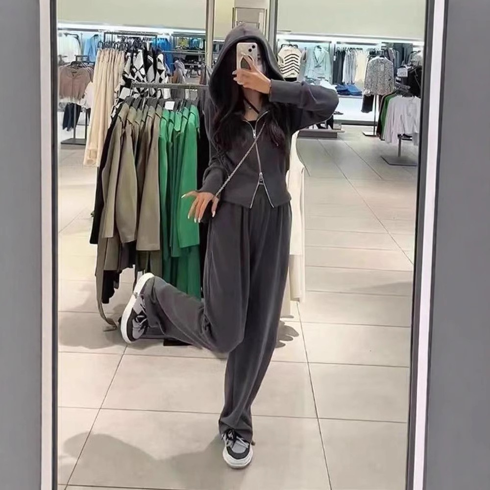 スポーツセット女性2025年秋新作韓国風ゆったりネット人気カジュアルフーディジッパー＋ワイドパンツ2点セット