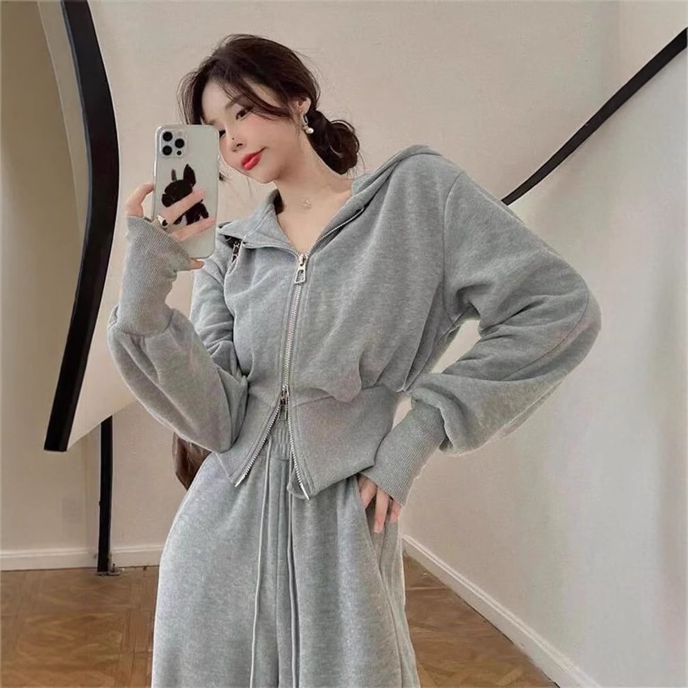 スポーツセット女性2025年秋新作韓国風ゆったりネット人気カジュアルフーディジッパー＋ワイドパンツ2点セット