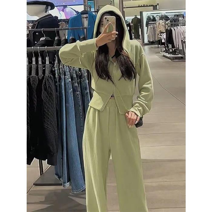 スポーツセット女性2025年秋新作韓国風ゆったりネット人気カジュアルフーディジッパー＋ワイドパンツ2点セット