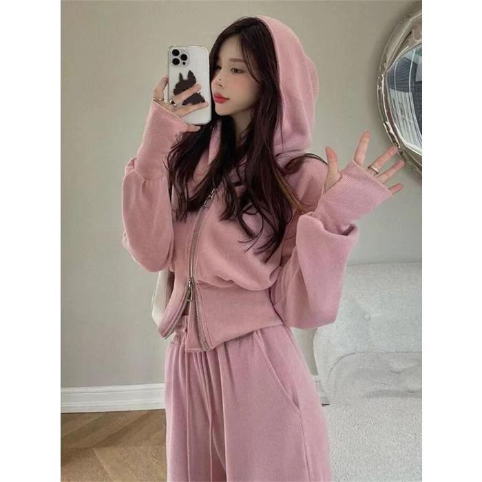 スポーツセット女性2025年秋新作韓国風ゆったりネット人気カジュアルフーディジッパー＋ワイドパンツ2点セット