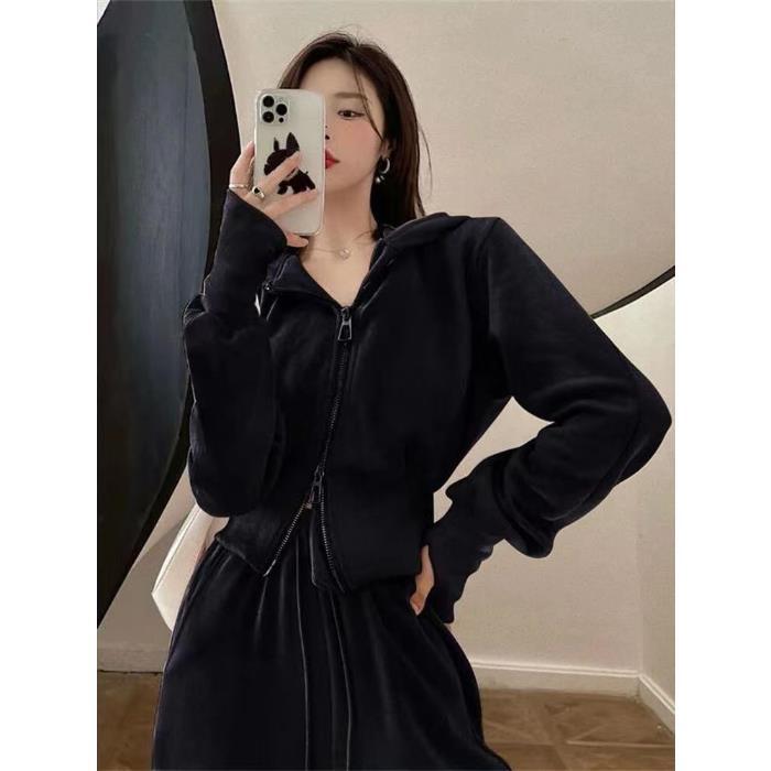 スポーツセット女性2025年秋新作韓国風ゆったりネット人気カジュアルフーディジッパー＋ワイドパンツ2点セット