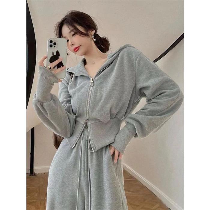 スポーツセット女性2025年秋新作韓国風ゆったりネット人気カジュアルフーディジッパー＋ワイドパンツ2点セット