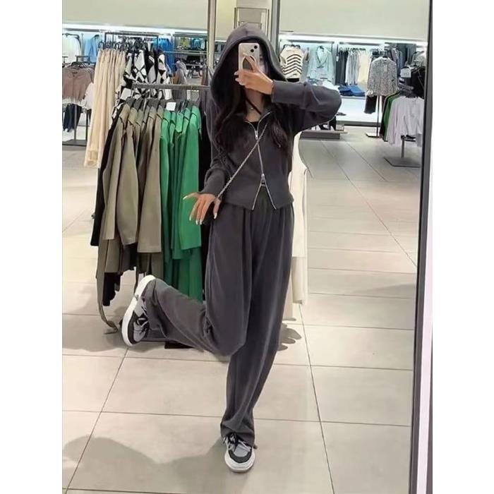 スポーツセット女性2025年秋新作韓国風ゆったりネット人気カジュアルフーディジッパー＋ワイドパンツ2点セット