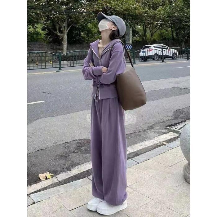 スポーツセット女性2025年秋新作韓国風ゆったりネット人気カジュアルフーディジッパー＋ワイドパンツ2点セット