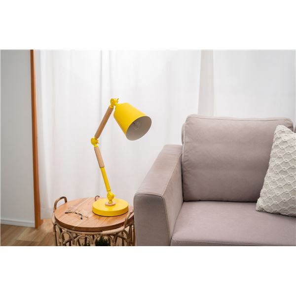 デスクライト 約幅17cm イエロー スチール 天然木 ラバーウッド 電球付 LED電球対応 照明器具 リビング 在宅ワーク 組立式