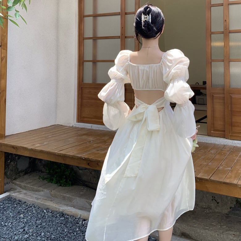 フレンチヘボン風ホワイトウエストドレス妖精春長袖初恋チュチュスカートミモレ丈スカート フレンチヘボン風ホワイトウエストドレス妖精春長袖初恋チュチュスカートミモレ丈スカート