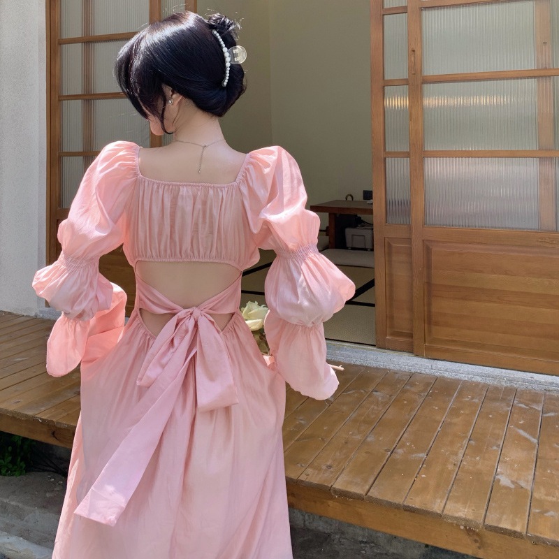 フレンチヘボン風ホワイトウエストドレス妖精春長袖初恋チュチュスカートミモレ丈スカート フレンチヘボン風ホワイトウエストドレス妖精春長袖初恋チュチュスカートミモレ丈スカート