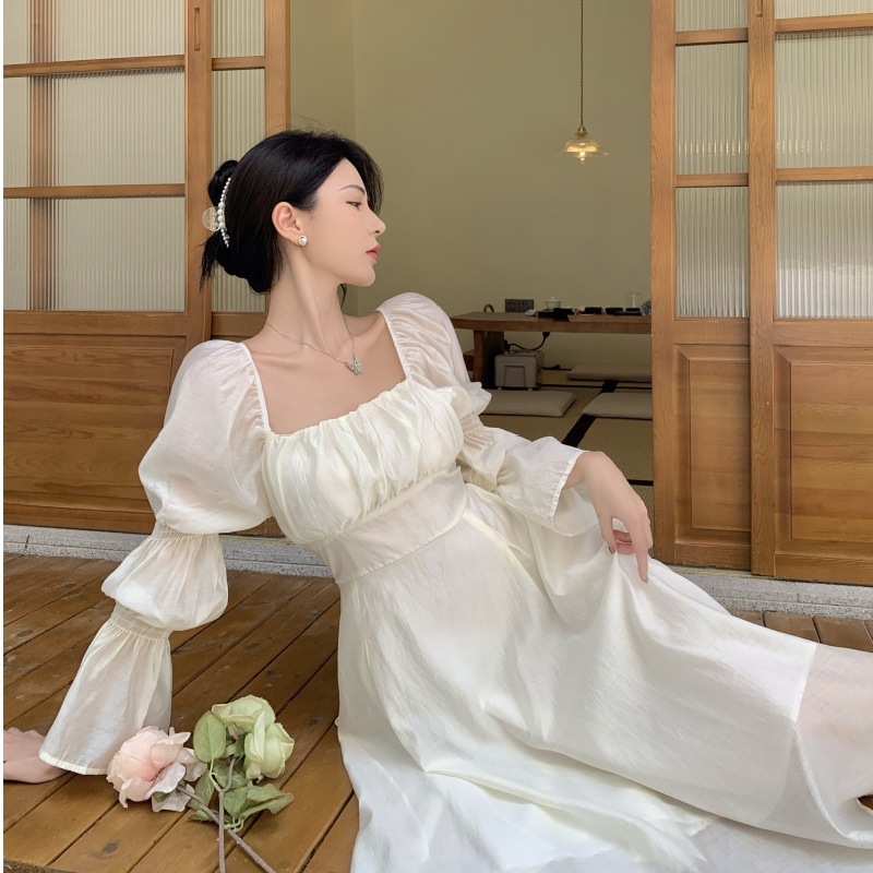 フレンチヘボン風ホワイトウエストドレス妖精春長袖初恋チュチュスカートミモレ丈スカート フレンチヘボン風ホワイトウエストドレス妖精春長袖初恋チュチュスカートミモレ丈スカート