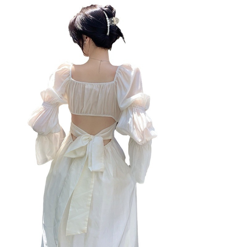 フレンチヘボン風ホワイトウエストドレス妖精春長袖初恋チュチュスカートミモレ丈スカート フレンチヘボン風ホワイトウエストドレス妖精春長袖初恋チュチュスカートミモレ丈スカート