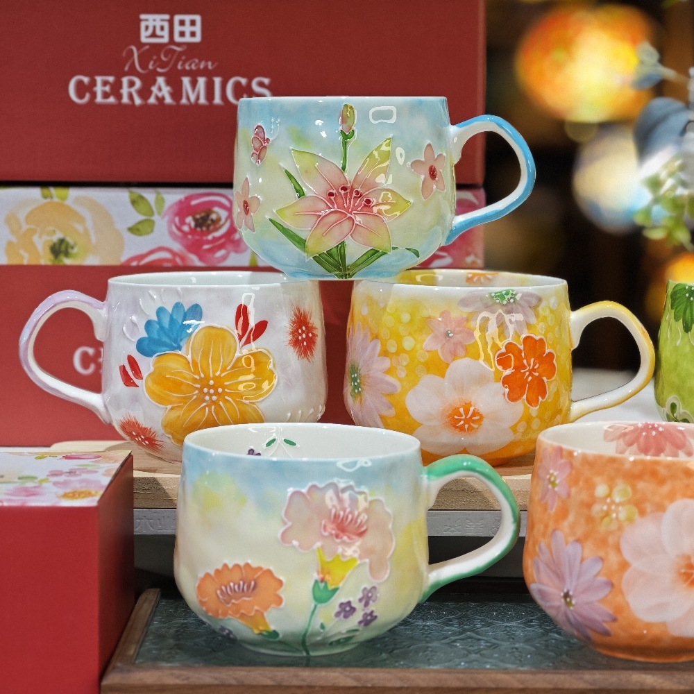 手書きマグカップ 高級 手描き 手作り　レーリフ 絵付けカップ 丸型　520ml　プレゼント用化粧箱　手提げ袋付き