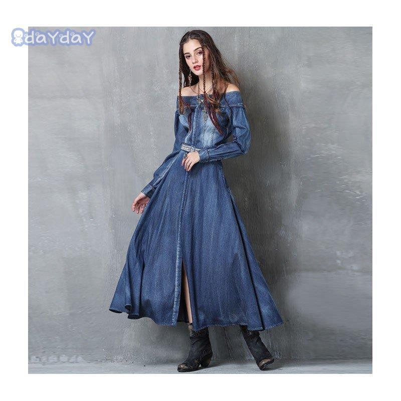 ワンピース レディース デニム マキシワンピース 長袖 ロング 大きいサイズ デニムワンピース ボリューム 付き フレア aライン 膝丈ワンピース リゾート